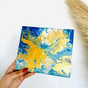 Metallic Gold White Turquoise Blue Abstract Painting Original Art Wood Square